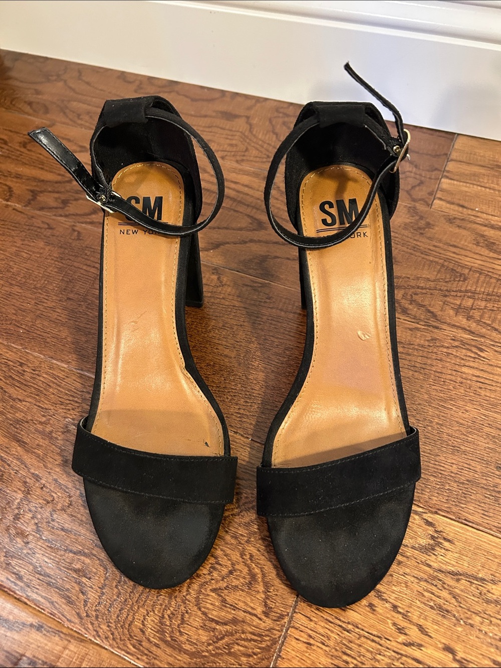 SM New York Black Suede Ankle-Strap Block Heel Sandals